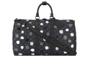 LOUIS VUITTON 야요이 쿠사마 콜라보레이션 키폴 소가죽 패치워크 캔버스 핸드백, 숄더 백, 크로스백, 여행 백 남성 블랙 L45*W20*H27cm